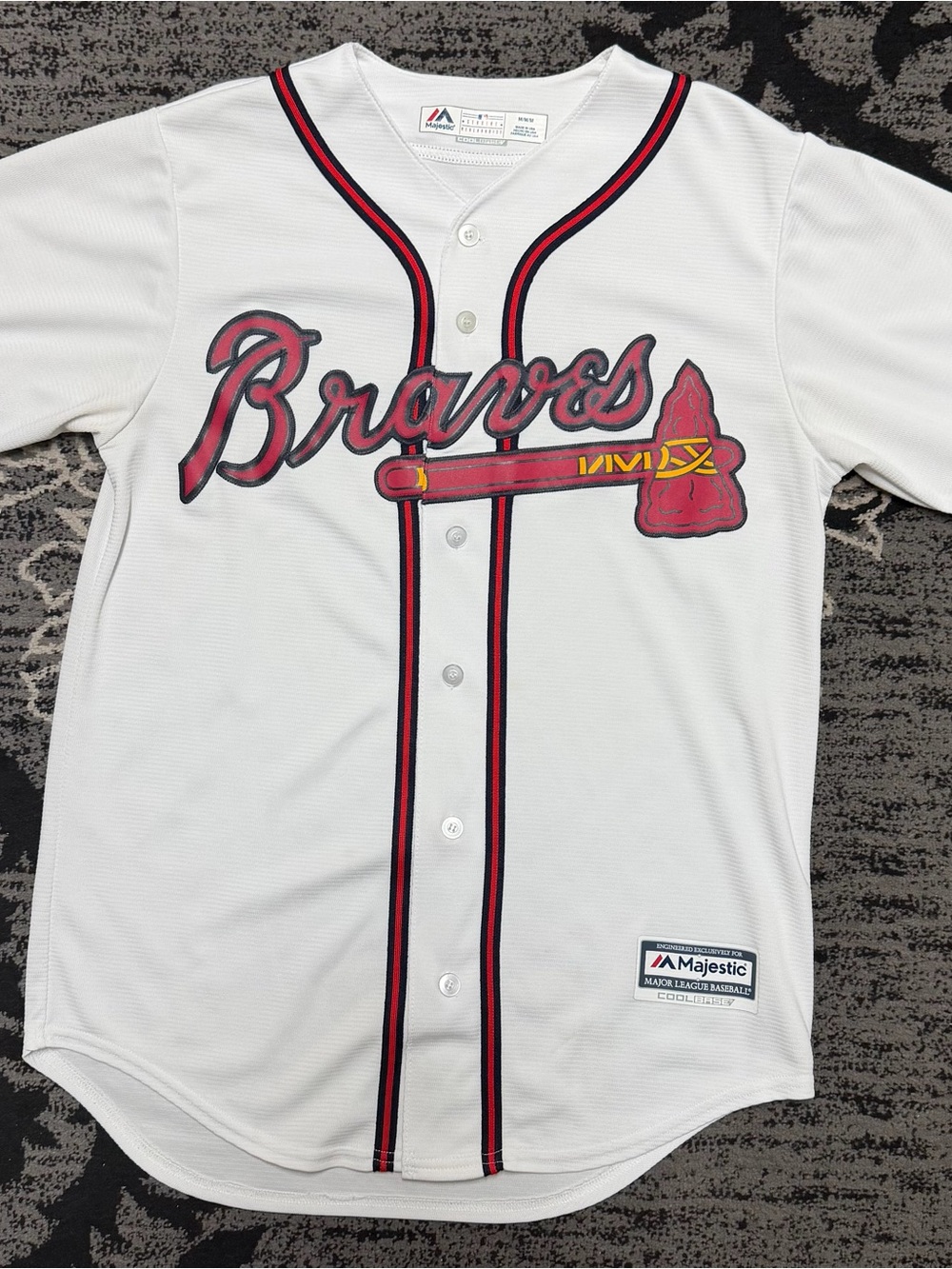 Majestic White Atlanta Braves Baseball Jersey with Red and Navy Trim